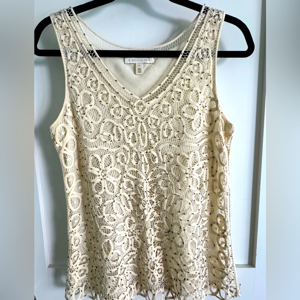 Sigrid Olsen Cream Crochet Floral Embroidered Lace Tank Top Sleeveless Shell